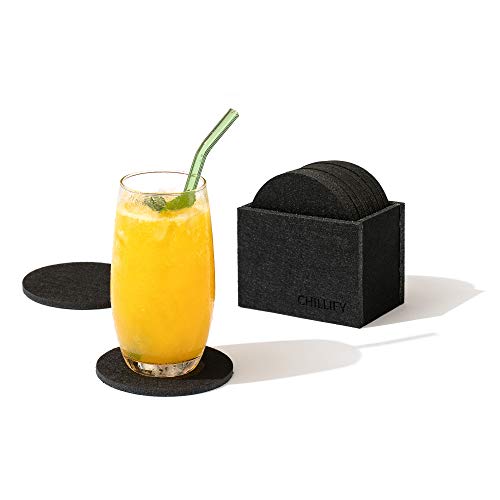 chillify Filz coaster 8 Set for drinks/glasses with storage box - non -slip heat -resistant, washable washable glass coating - round, black, 10cm - absorbing cup, beer, table, bars