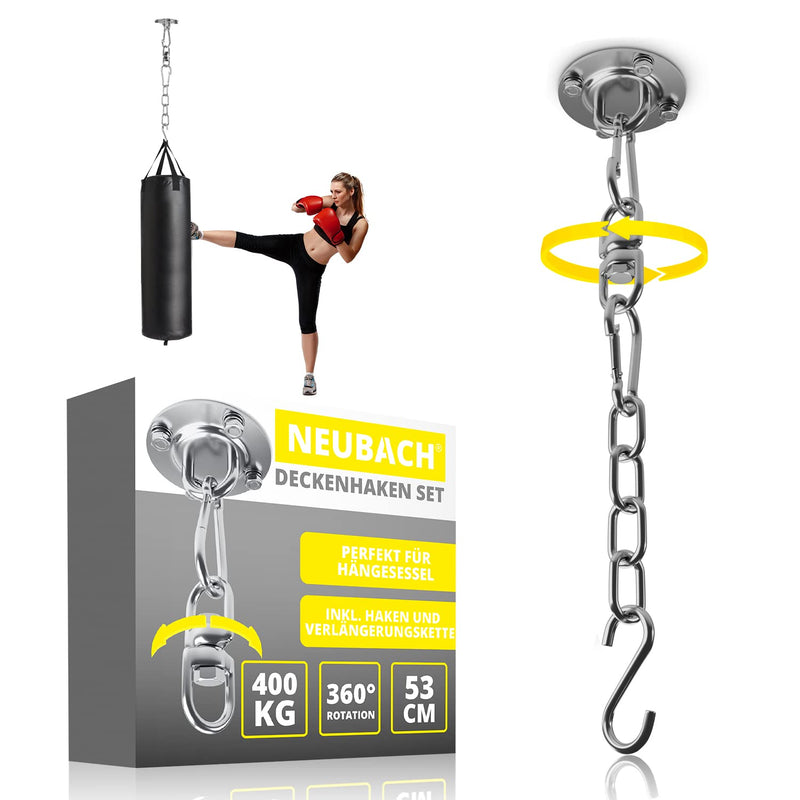 NEUBACH® Ceiling hooks - hanging chair suspension up to 400kg - 360 ° rotating ceiling holder - complete set including extension chain, carabiner and hook