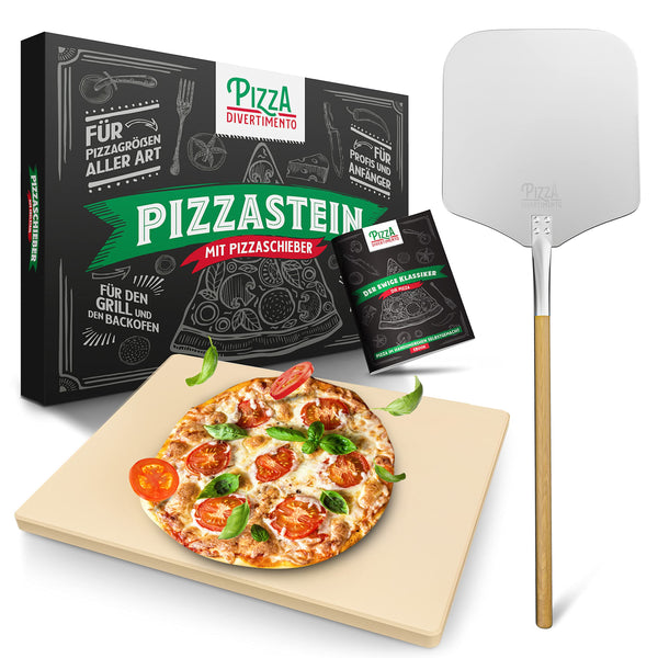 Pizza Divertimento - DAS ORIGINAL - Pizzastein für Backofen & Gasgrill - inkl. Pizzaschieber - Vergleich.org ausgezeichnet - Pizza Stein - Für knusprigen Boden & saftigen Belag - Inkl. e-Rezeptbuch