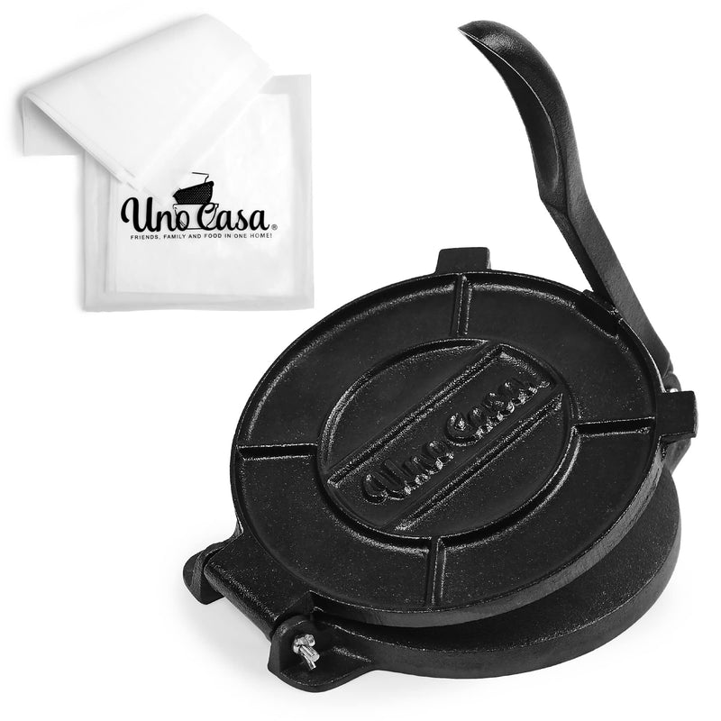 Uno Casa Tortilla Presse 20 cm - Taco Presse, Hochleistungs-Gusseisen Tortilla Maker - Roti Maker Bonus 100 Stk. Pergamentpapier