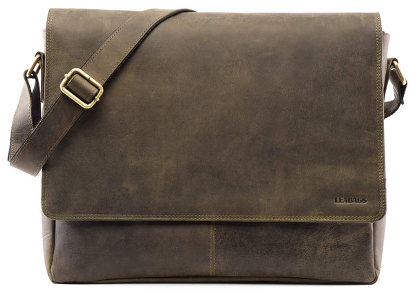 LEABAGS Oxford shoulder bag laptop bag 15 inches made of leather in the vintage look, olive