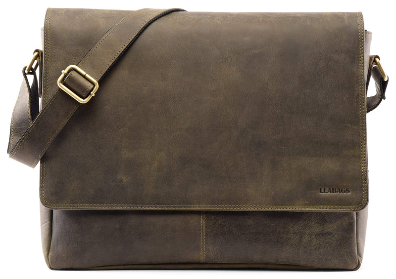 LEABAGS Oxford shoulder bag laptop bag 15 inches made of leather in the vintage look, olive